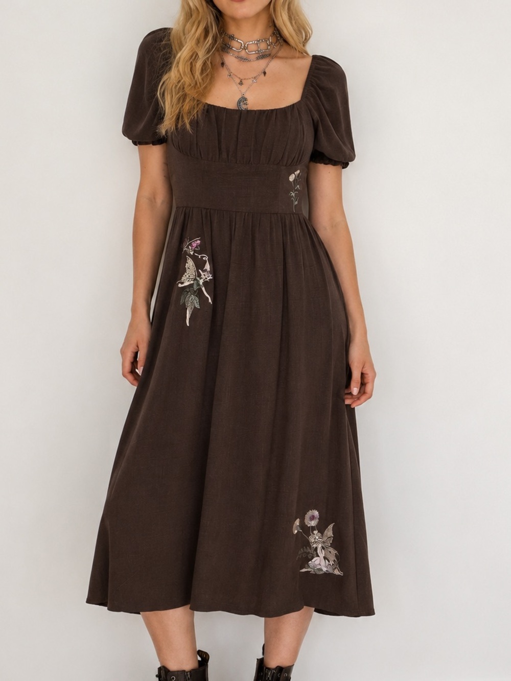 Disturbia Faela Fairy Embroidered Milkmaid Ruched Midi Dress 6